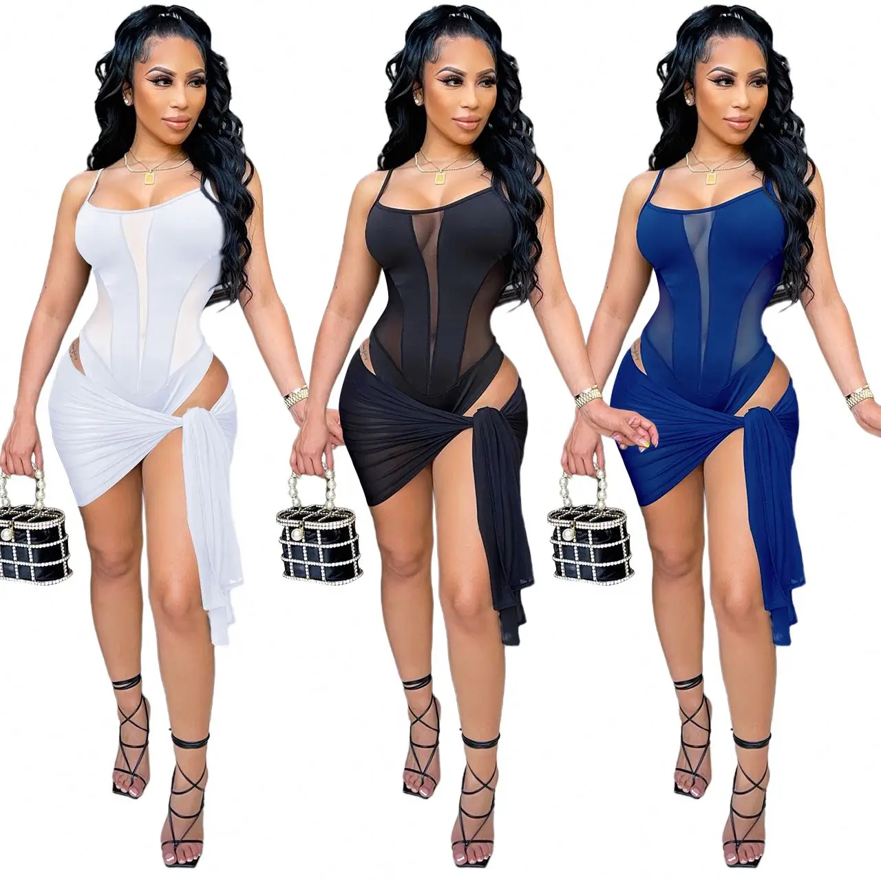 

Amazon swimsuit halter bodysuit solid color sexy mesh wrap half skirt two pieces set