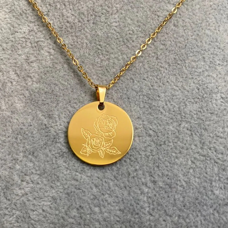 

Women Gold Coin Necklace Stainless Steel Engraved 12 Month Flower Necklaces Personalized Gift
