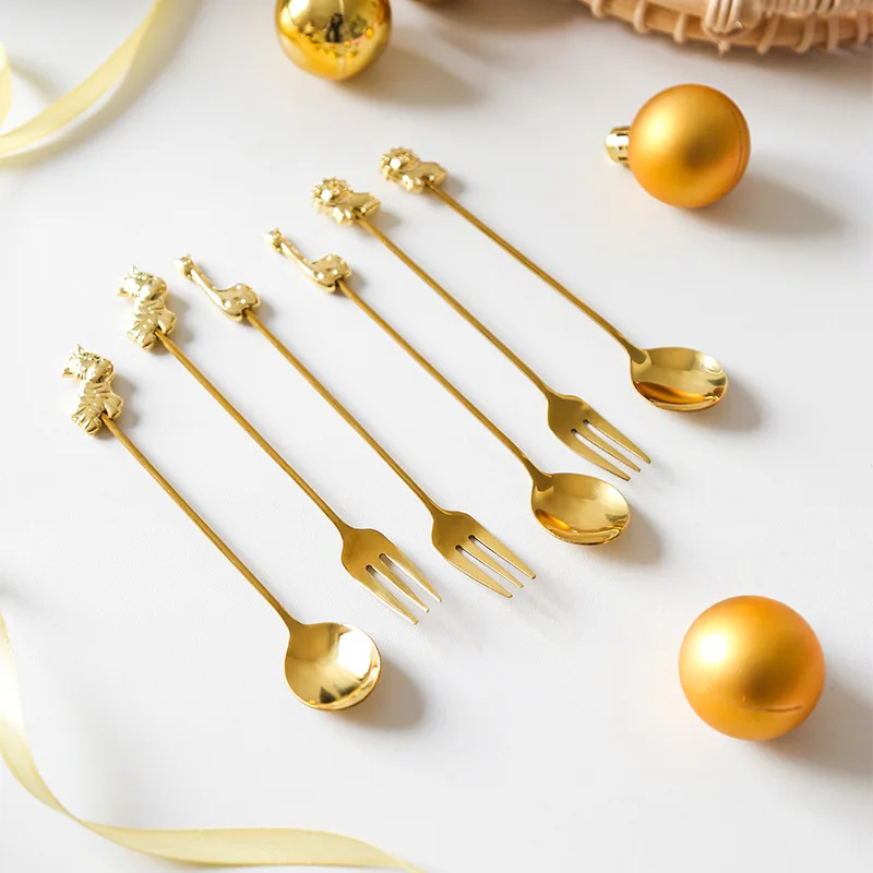 

Animal 304# stainless steel small mini mixing stirring gold silver spoon fork set in gift box for coffee tea dessert
