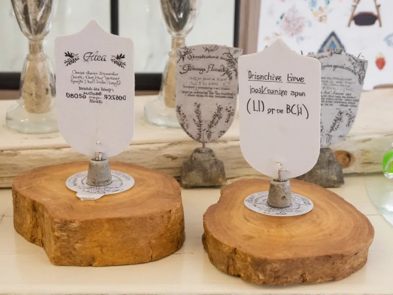 Eco-friendly craft display with reclaimed wood base and material origin tags