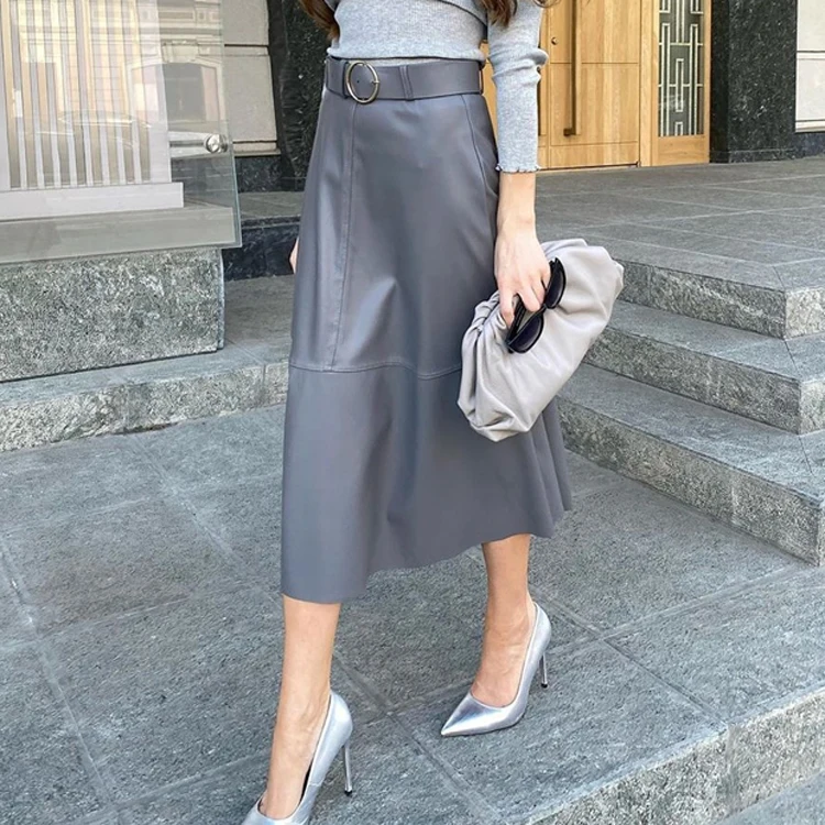 

New Office Elegant Slim Midi Skirt Ladies Solid Color High Waisted Leather Skirt With Belt