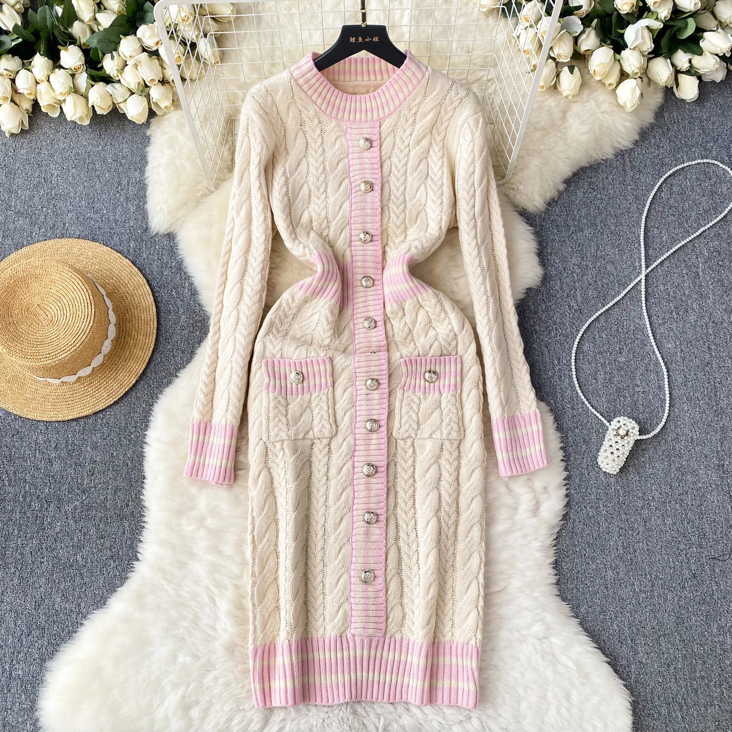 

Autumn Dress Color Striped Long-Sleeved Vintage Twist Knitted dress Woman