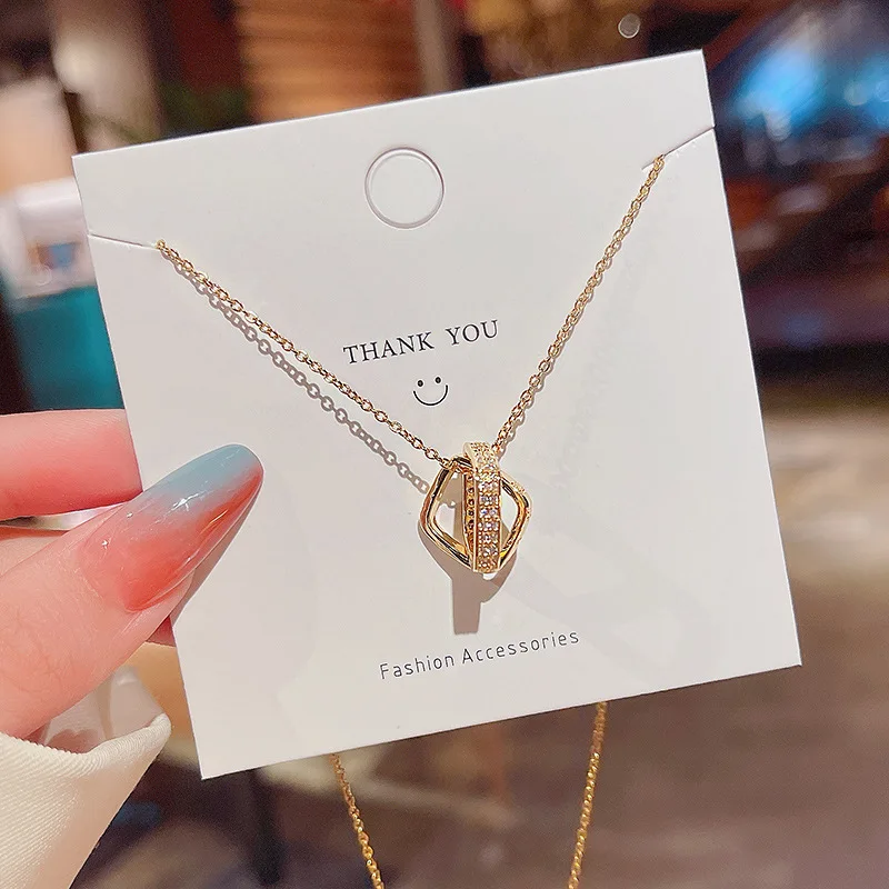 

Korean Style Titanium Steel Hollow Geometric Square Pendant Necklace Crystal Rhinestone Double Square Necklace