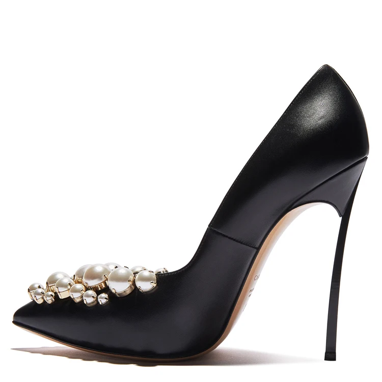

Pearl Women Heels Bridal Wedding Dress Shoes Women's Pumps Leather Stiletto Female Shoes Heels For Ladies High Heel Shoes, Black