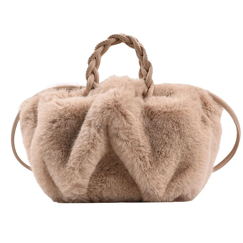 

braid PU leather handle string straps barrel design fashion female furry clutch handbag new colors faux fur purse