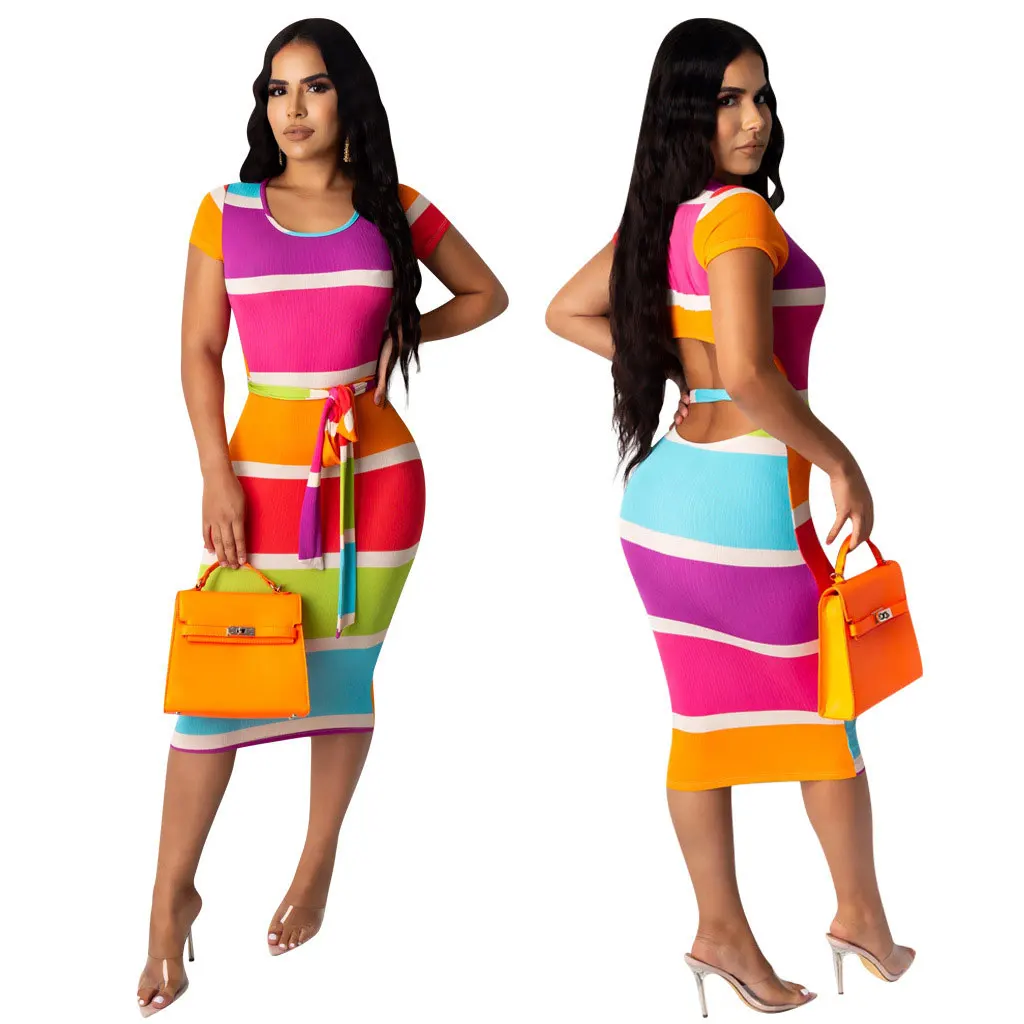 

20501-MX46 ladies striped design ribbed casual dresses sehe fashion