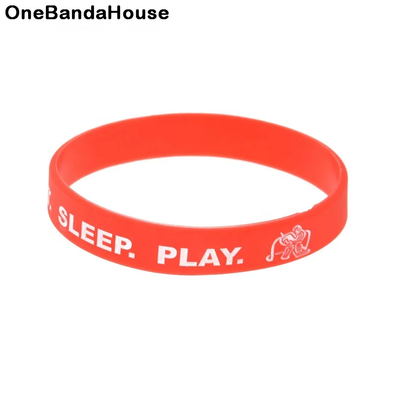 

50PCS Debossed Eat Sleep and Play Silicone Wristband, Black, blue, green, red, yellow