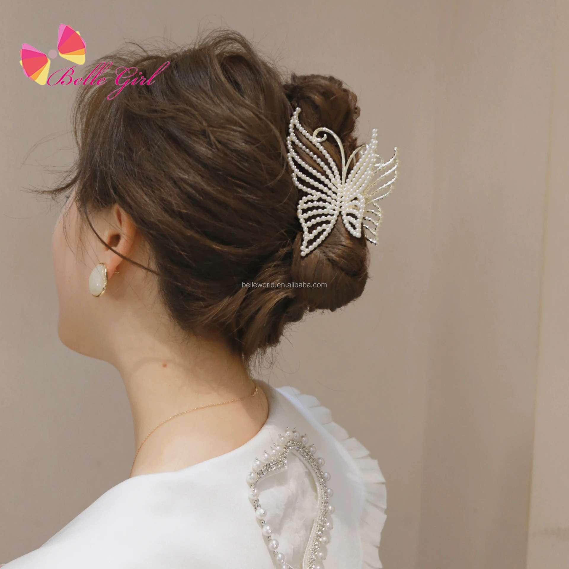 

BELLEWORLD fashion Korean hair accessories elegant pearl rhinestone alloy butterfly hair claws hair clips for girls