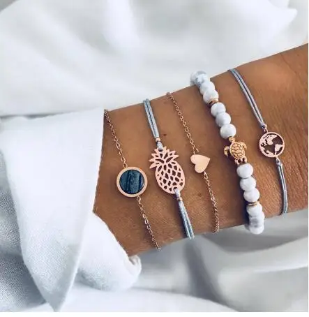 

WIIPU Bohemian Lovely Pineapple Turtle Bracelets for Women Gold Color Beaded Geometric Adjustable Rope Chains Bracelet