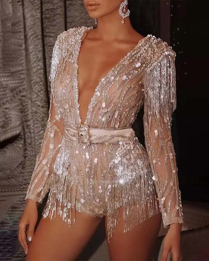 

New fashion ladies shiny mesh sequin nightgown dress women long sleeve luxury sexy tassel dress, Picture