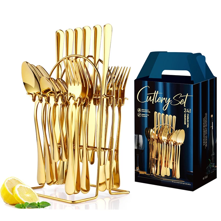 

Best Selling Stainless Steel Knife Fork Spoon 24pcs Cutlery Gold Flatware Set With Stand Gift Box