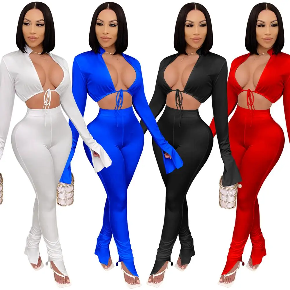 

In Stock Fashion tight sexy long sleeve irregular short solid color two piece set for women 2021 clothing