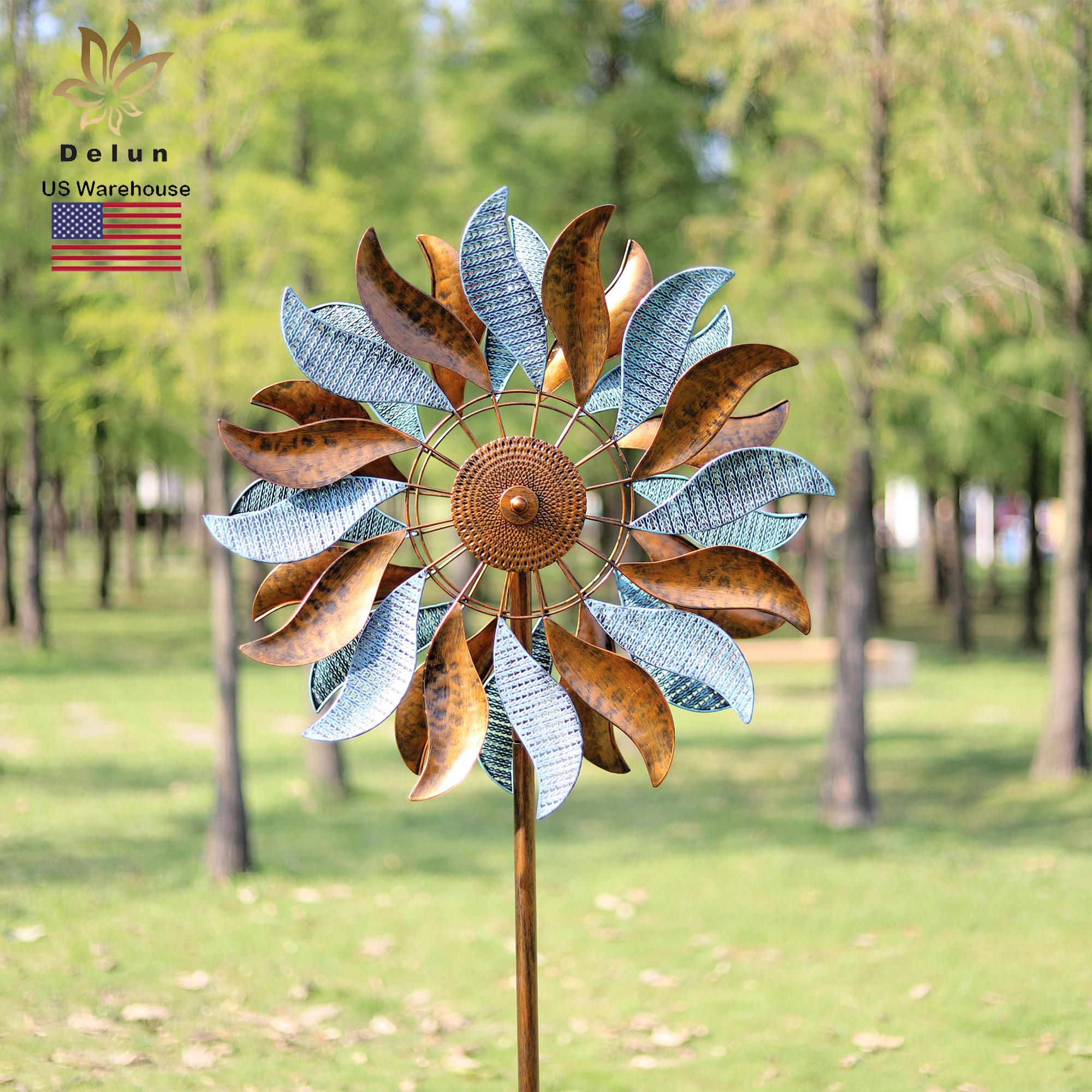 

Double-Sided Outdoor Windmill Kinetic Metal Wind Spinner with Garden Stake