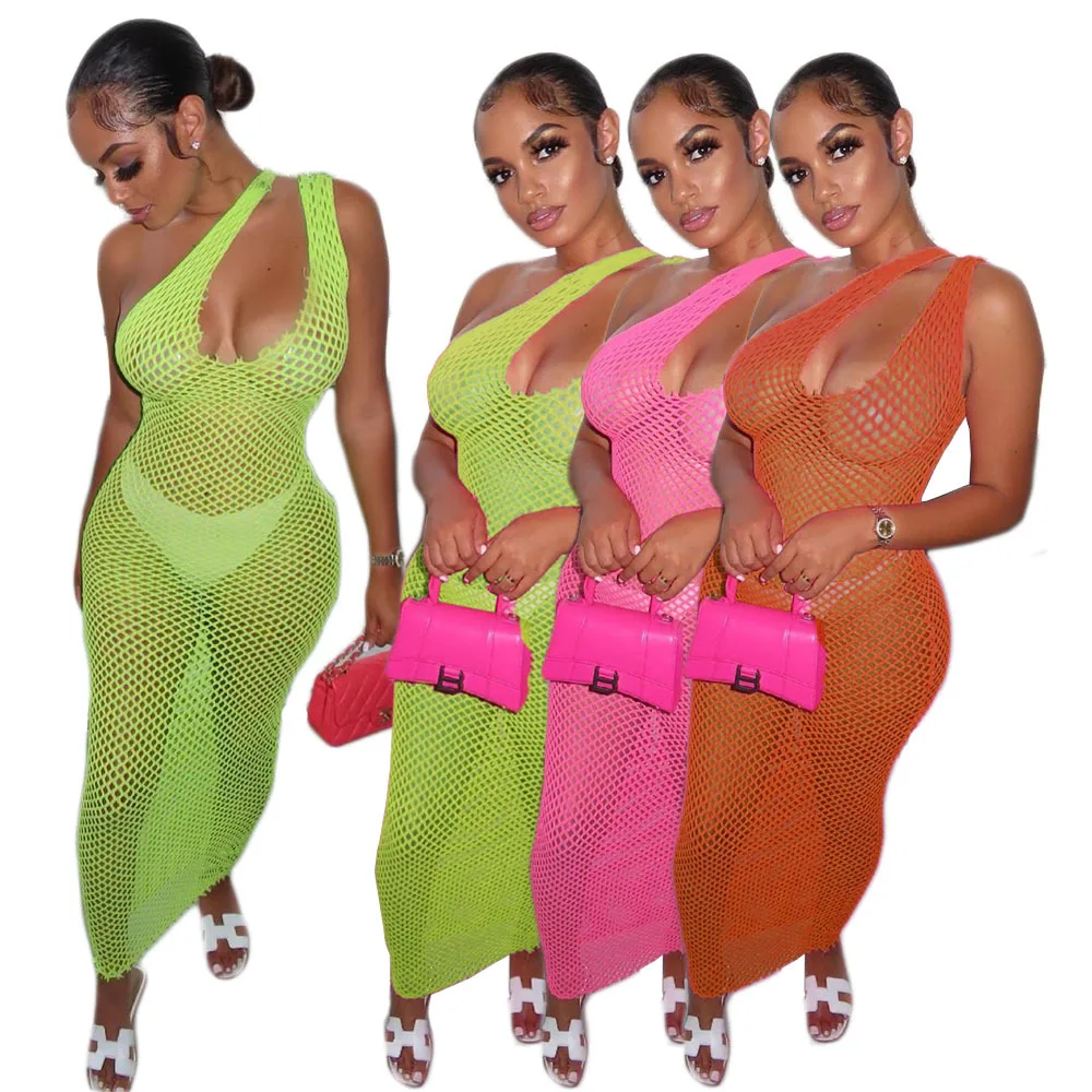 

BA227 2021 New arrival S-3XL sexy women's see through one shoulder micro 2 piece set grid beach cover up dress