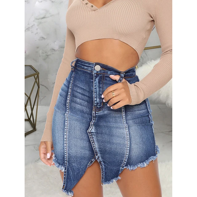 

2021 New Arrived High Quality Fashion Summer Chic Irregular Hem Solid Bodycon High Waist Denim Skirt Women Straight Skirt, Dark blue