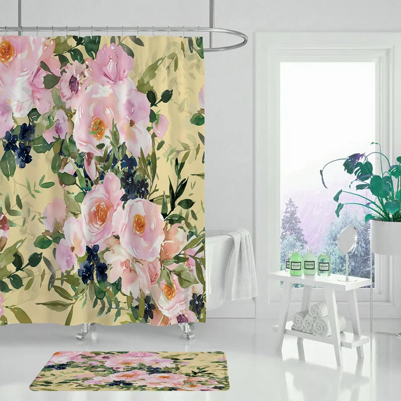 

Gouach flower Bath Rug Set Toilet Cover Bath Mat Set Bathroom Accessories Curtains Shower Curtain, Customized color