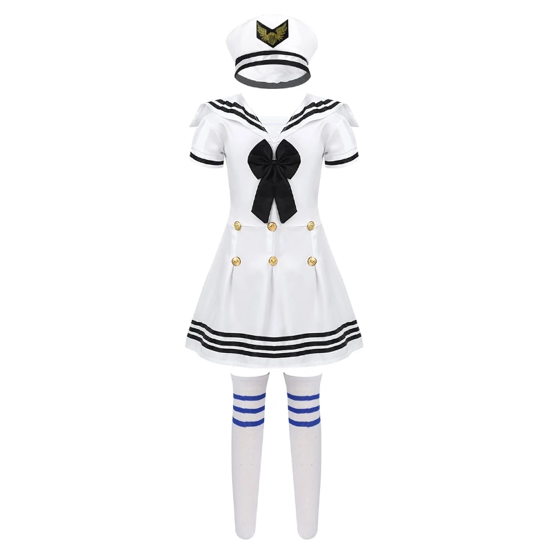 

iEFiEL Kids Girls Sailor Uniform Mini Dress with Sailor Hat Knee-High Socks Stripes School Cosplay Performance Team Wear