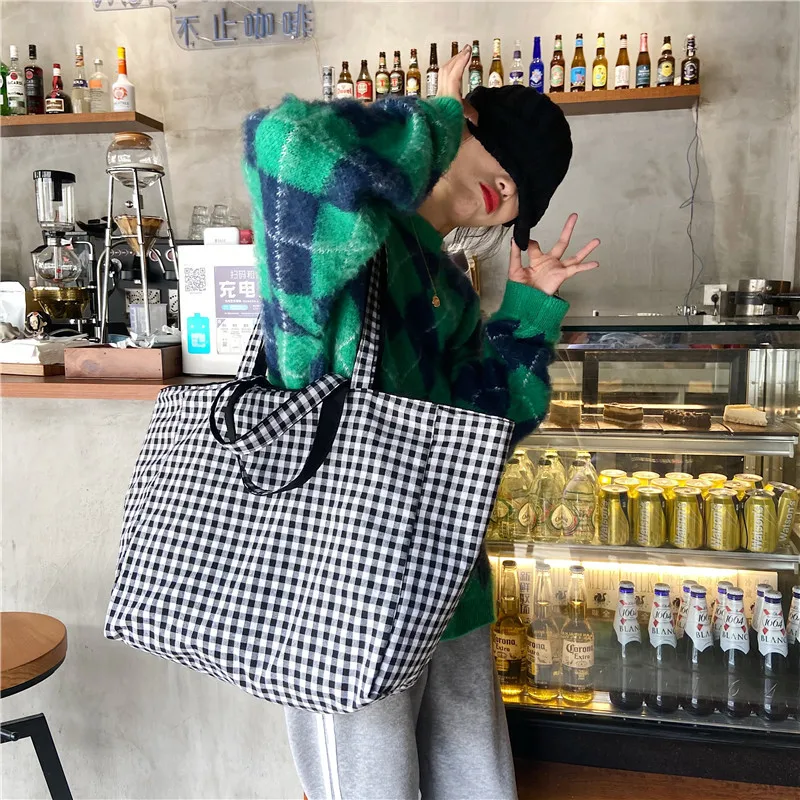 

Women Canvas Bags Scottish Pattern Plaid Large Capacity Tote Casual Double Sided Shoulder Bag