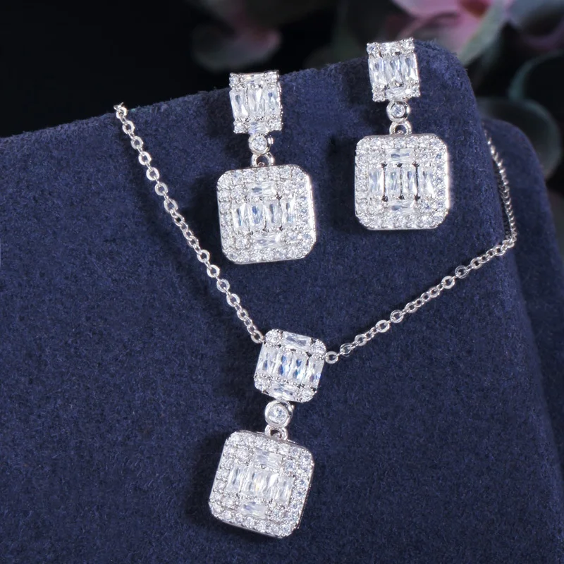 

Wholesale luxury square CZ zirconia diamond platinum plated necklace earrings wedding jewelry set