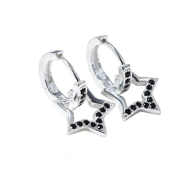 

Wholesale 925 Sterling Silver Black CZ Star Hoop Earrings for Women