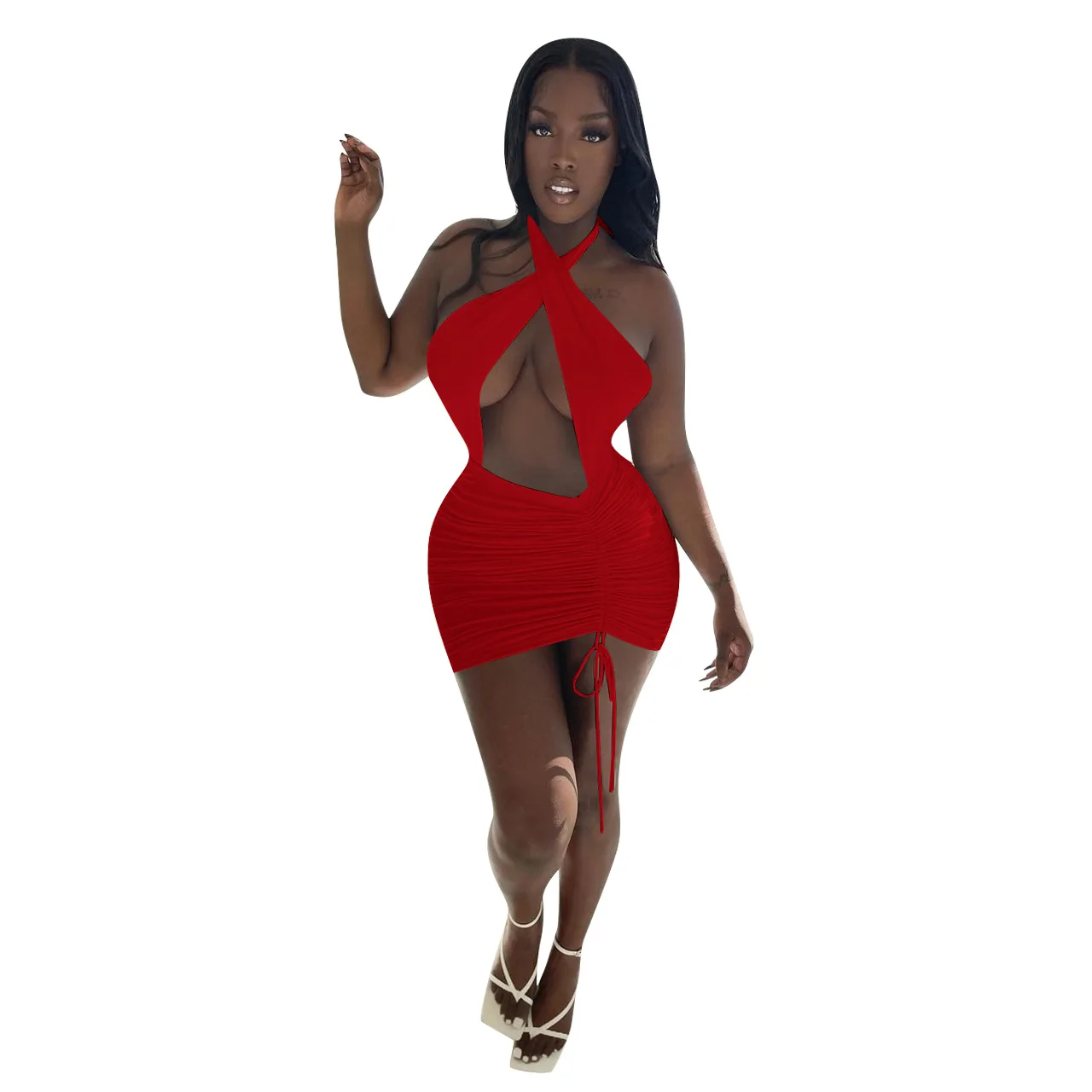 

Solid pleated cross neck open back off shoulder dress cut out drawstring tight sexy dress women's casual mini skirt dress