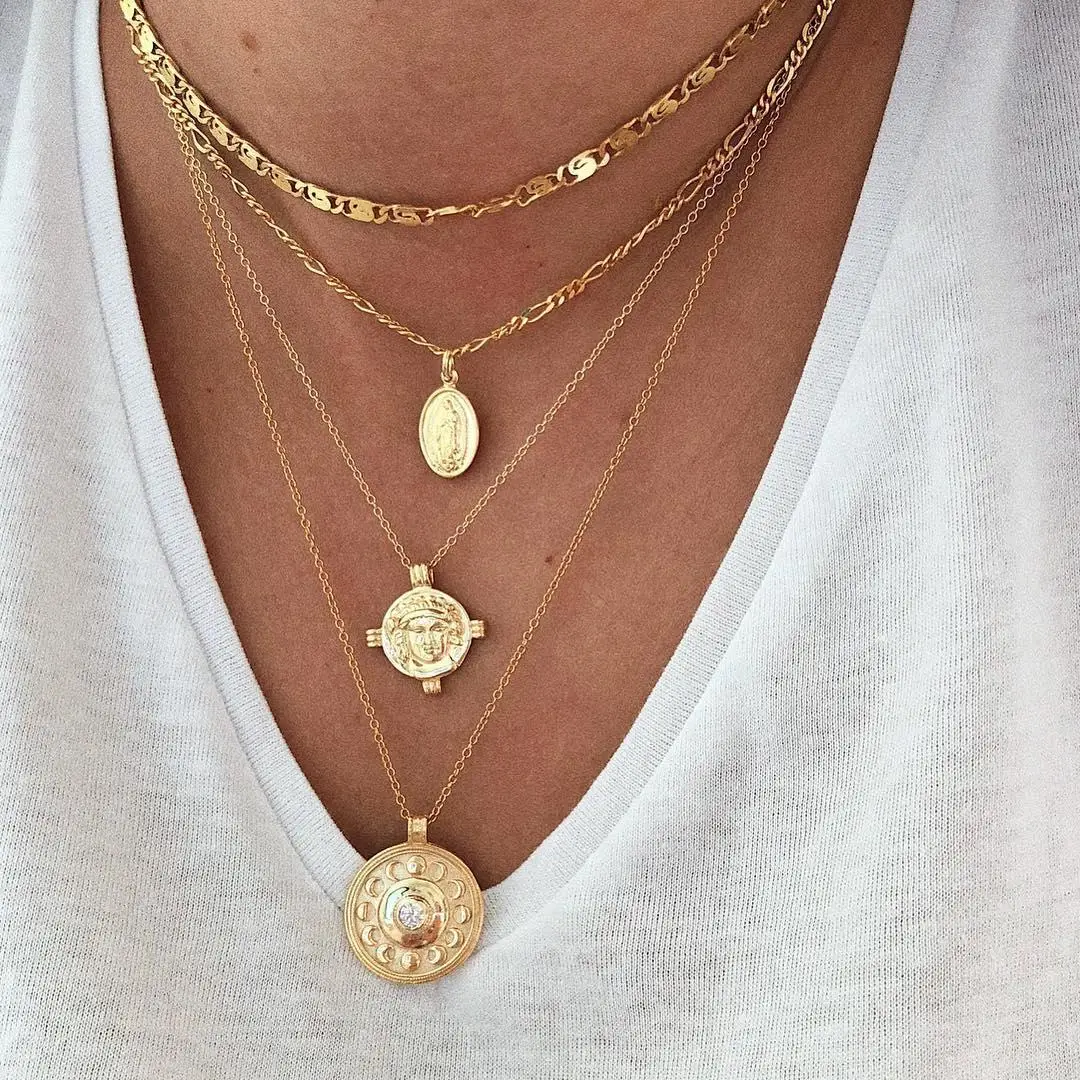 

Popular eclipse coin head alloy pendant multi - layered women's necklace