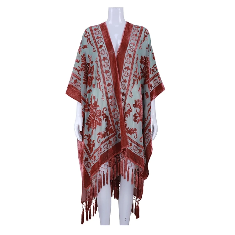 

Female silk burnout velvet kimono with tassel, Can be customized