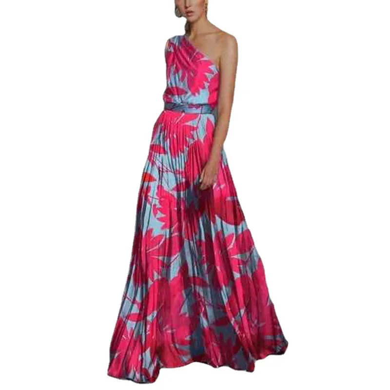 

Single shoulder printed evening dress wholesale long casual dress big evening dress