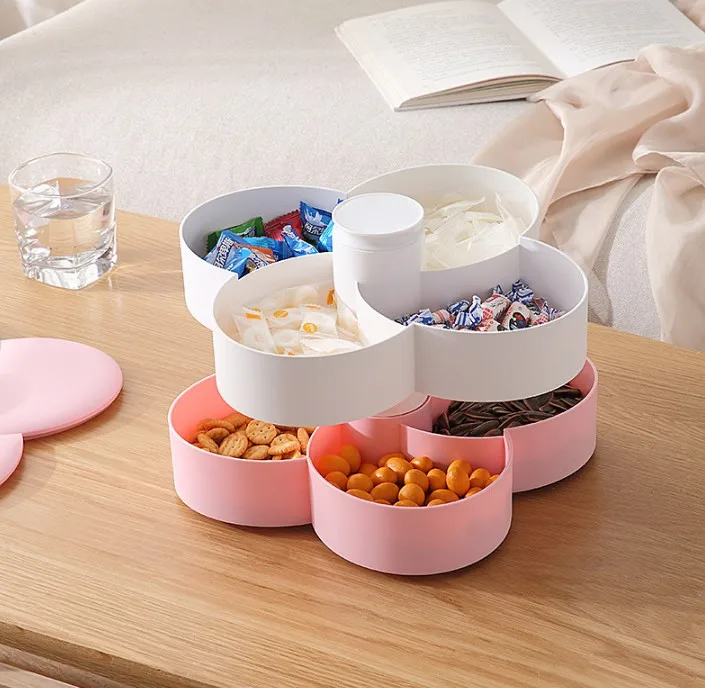

Flower Shape ABS Material Household Rotatable Design Double Layer Snack Storage Box, Pink