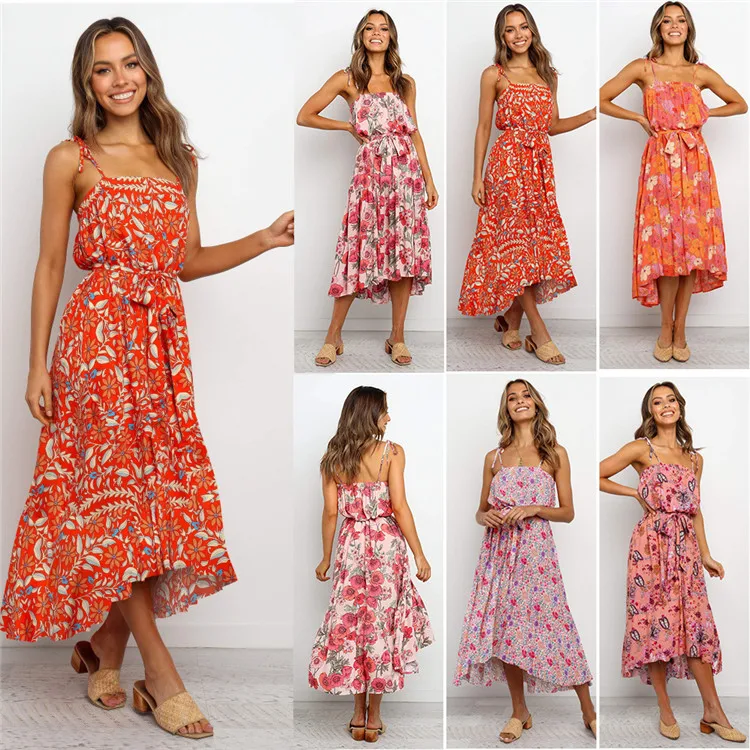 C3787 Long Dresses Women Casual Backless Dress Summer Women Floral Dress 2020