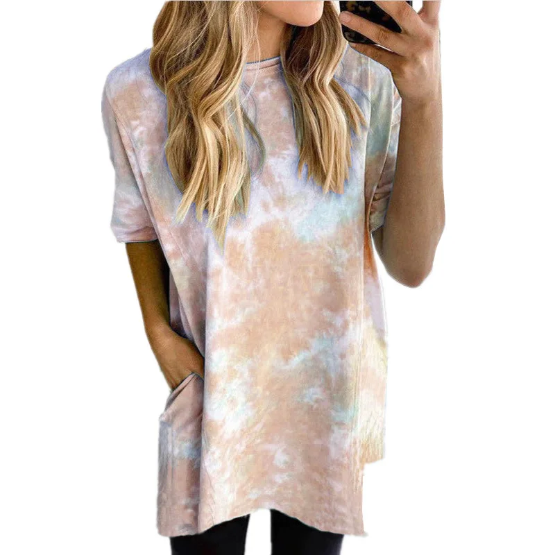 

Wholesale Women Tie-Dye Print Casual Short Sleeves Summer T-Shirt Blouse Top Ladies Round Neck Loose Dress for Party, Shown