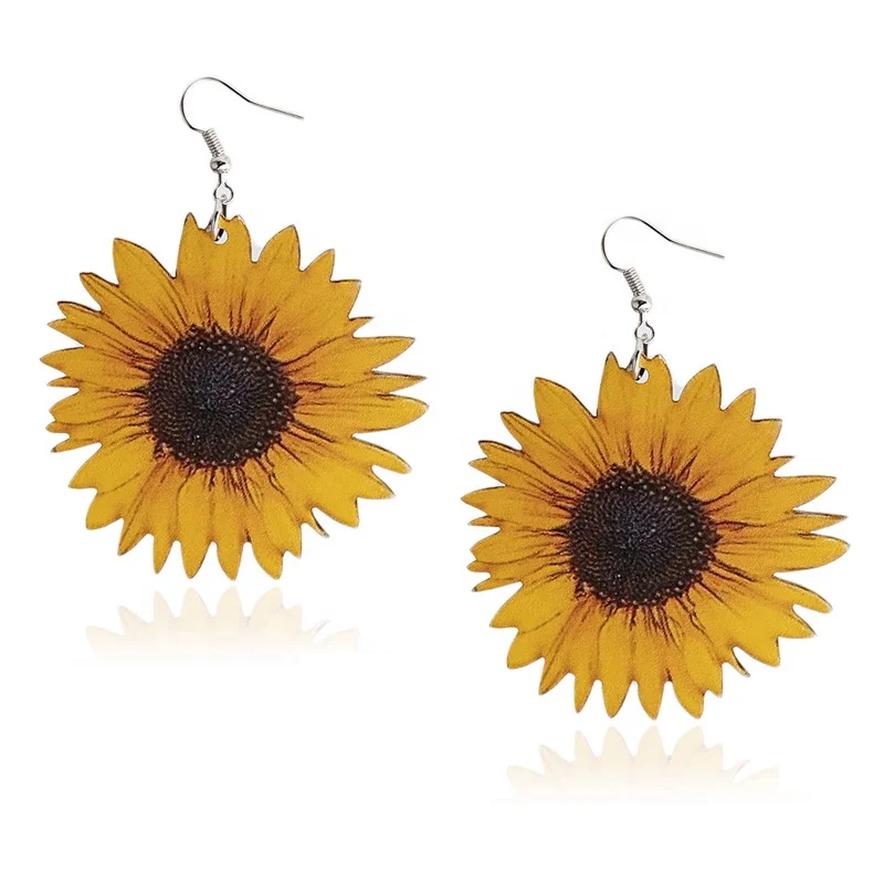 

3D Stereo Wooden Earrings Exaggerated Sunflower Flower Earrings Personality Creative Women's Earrings, Picture