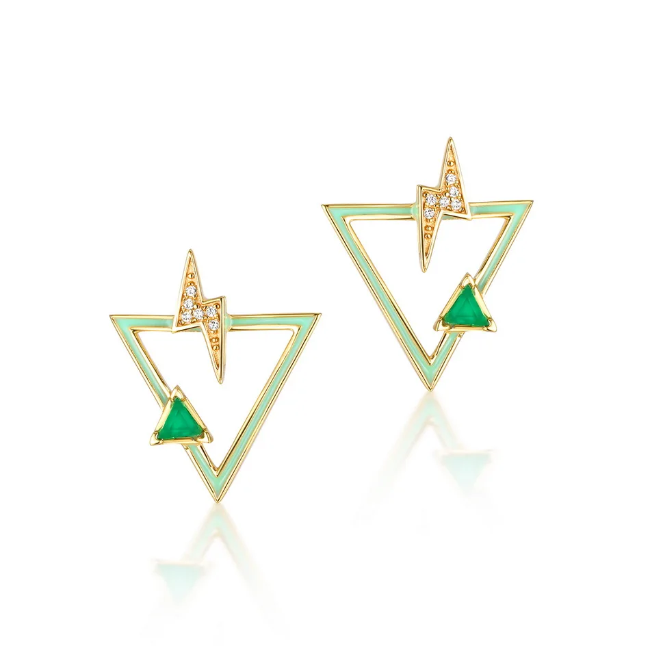 

Sterling silver gold lightning bolt double enamel triangle green onyx stud earrings