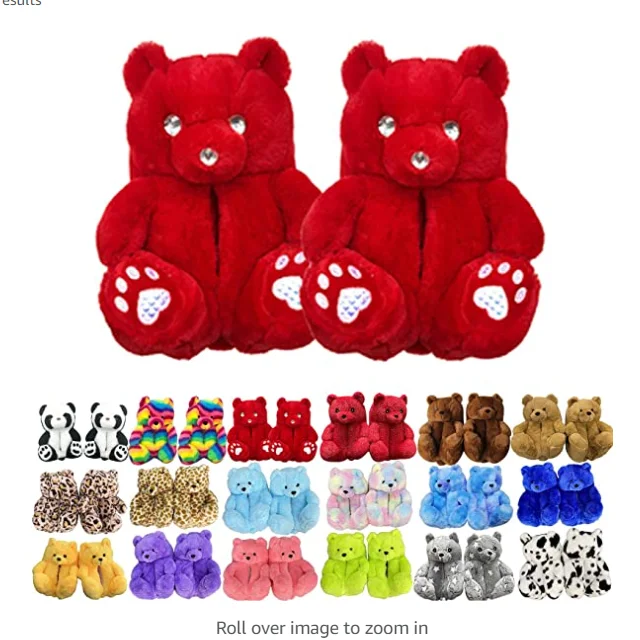 

Hot Sell Unisex winter cute slippers Rainbow Plush Christmas Limited adult teddy bear slippers wholesale bear slippers