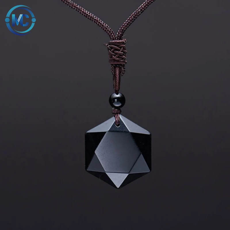 

Unisex Lucky Wolf Tooth Amulet Black Pendant Necklace Choker Translucent Ice Hexagram Crystal Natural Obsidian Necklace, As pictures