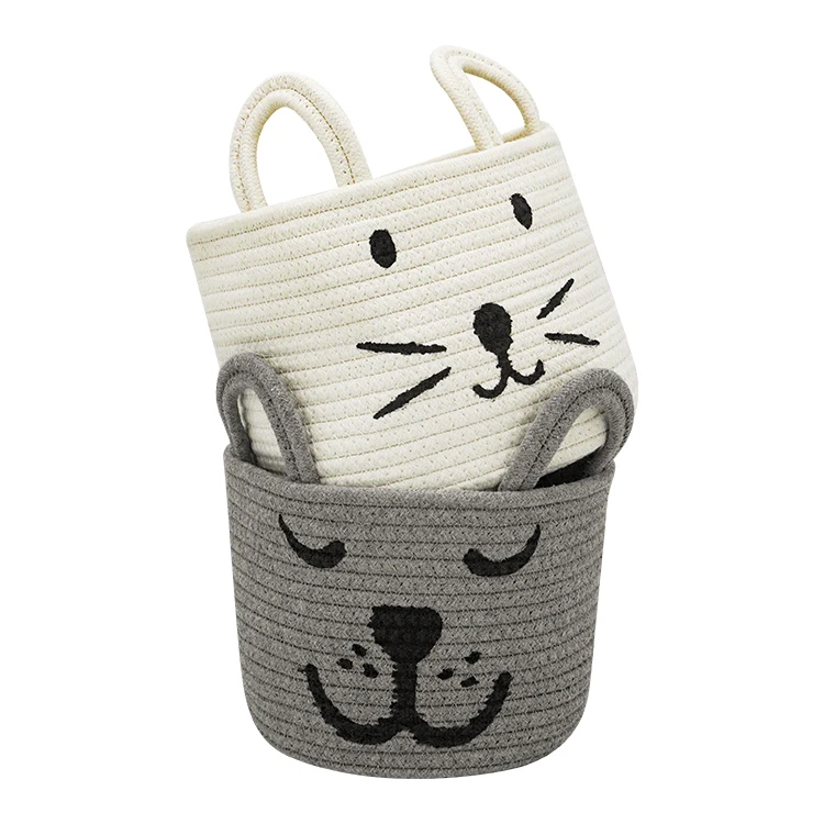 

2021 New Trend Large natural cotton rope woven laundry basket kids toys storage bin with Two long handles, White and customized color