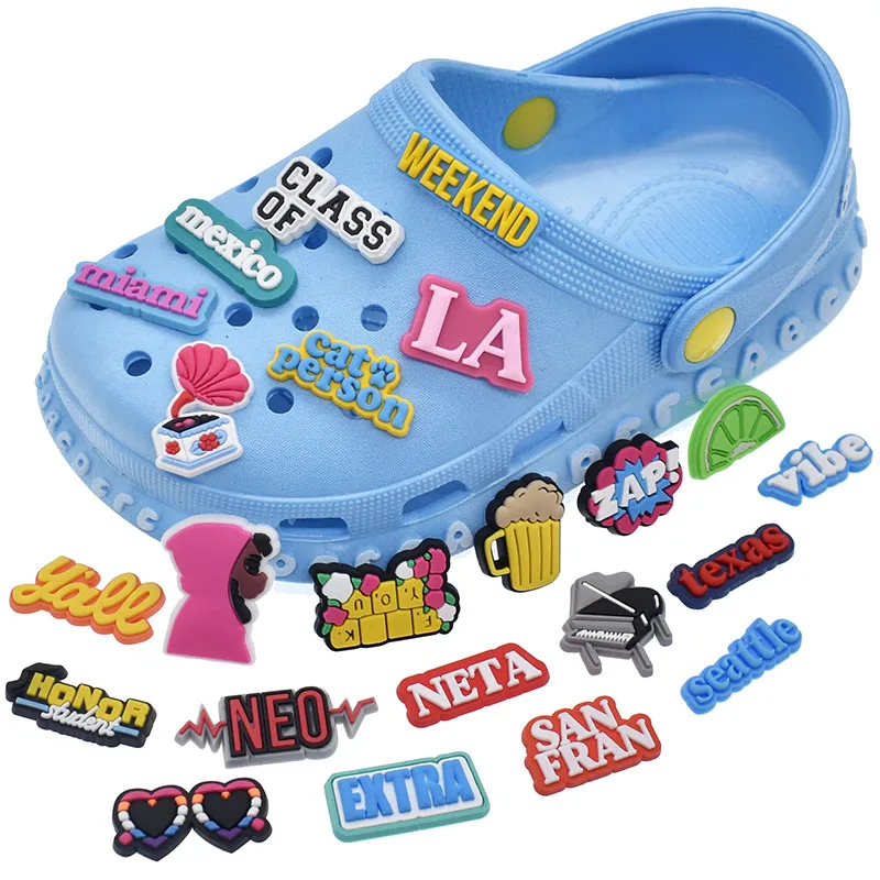 

New Arrival Wholesale PVC Shoe Charms Character Word for Croc Shoe Accessories Party Gift for Kids, Customized color