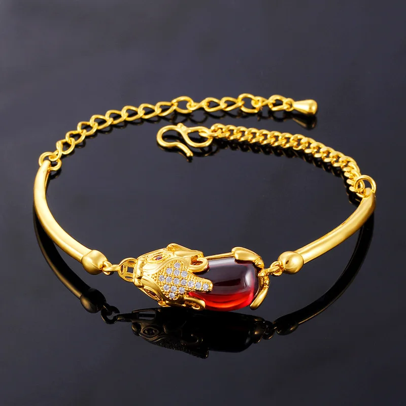 

New Style Women Brass Gold Plated Bridal Accessories Bracelet Natural Adjustable Ruby Pixiu Bracelet, As show