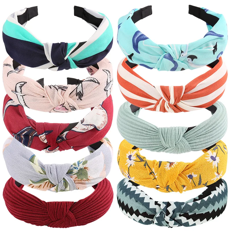 Factory wholesale Korean style hair accessories Ladies knotted hair hoop Fashion printing cross satin chiffon face wash headband