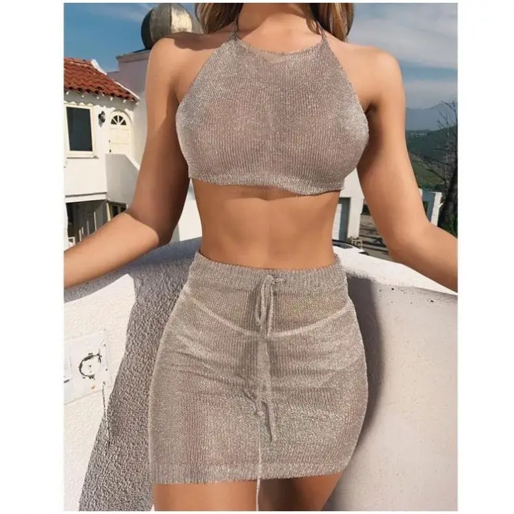 

2019 Fashion Women Sexy Metallic Crop Top And Mini Skirt Two Piece Outfits