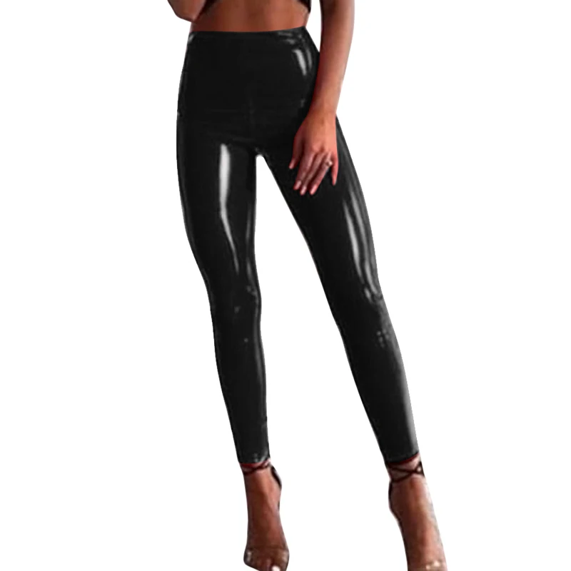 

Solid Color High Waist Latex Leather Stretchy Tight Pencil Pants For Women