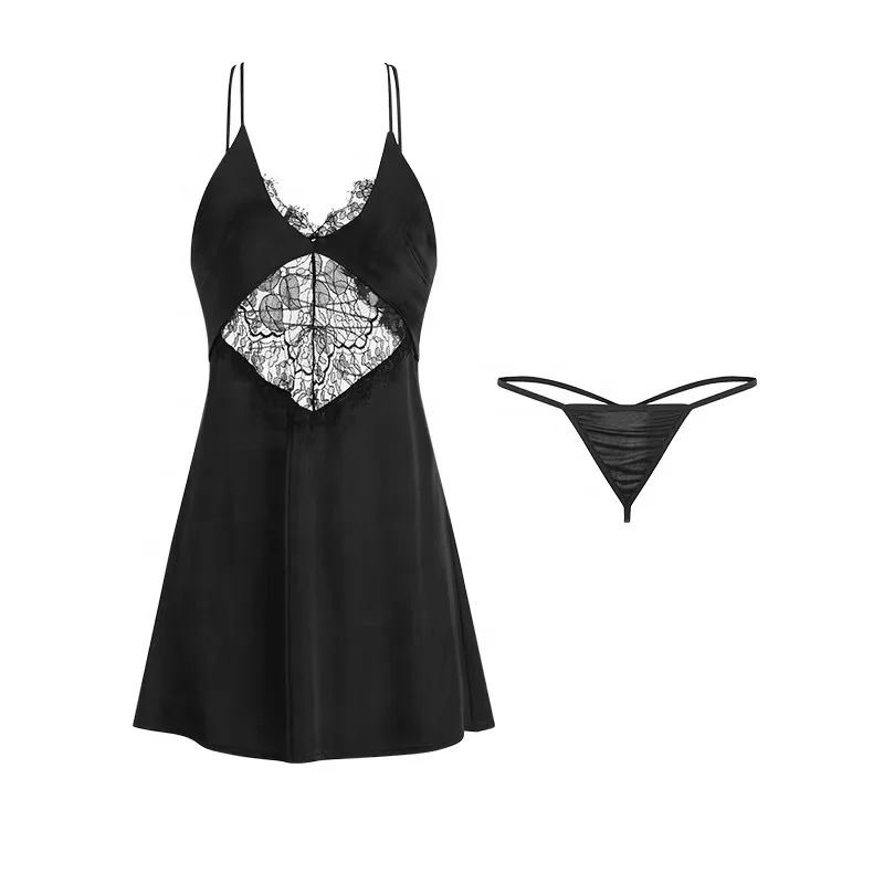 

Sexy silk patchwork lace strap sleepdress home dress set