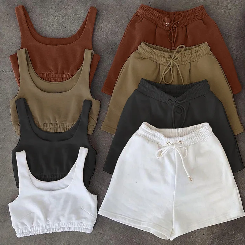 

2021 Summer matching knit cotton terry lined 2 piece set women clothing jogger Pocket biker crop top vest two piece short set