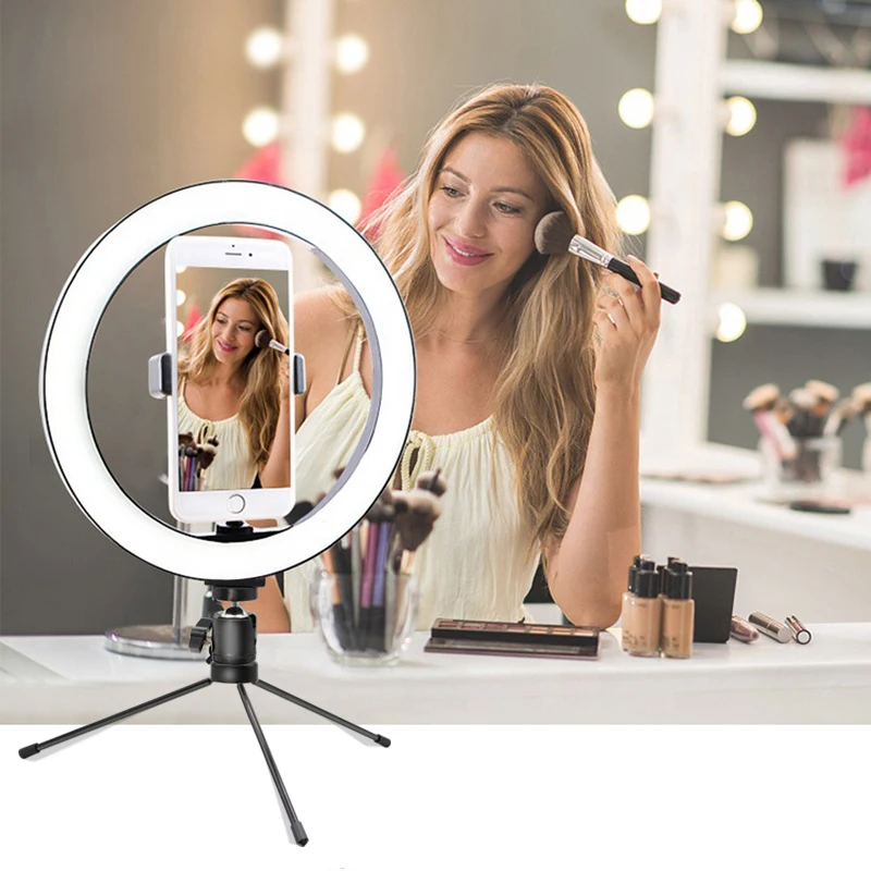 

2020 New product 10 inches desktop led selfie ring light with tripod stand cell phone holder for video making makeup