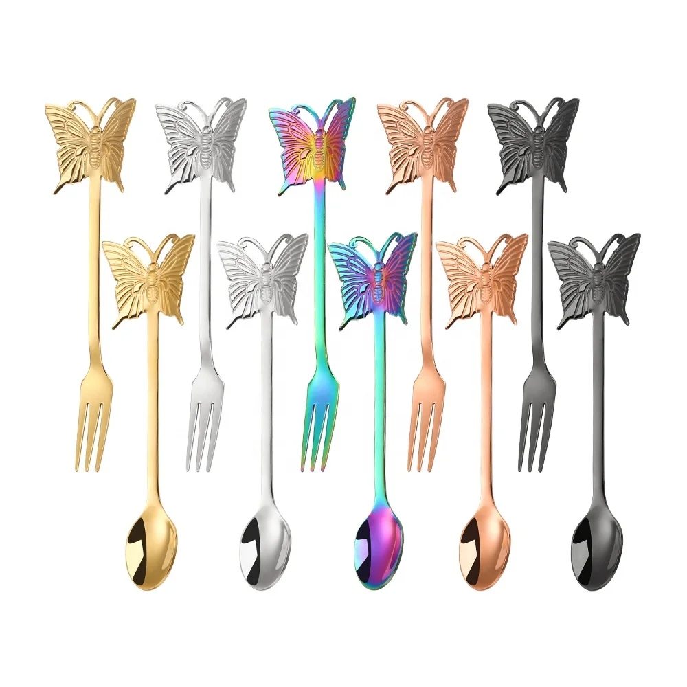 

Creative Butterfly Stainless Steel Spoon And Fork For Coffee Tea Salad Dessert Ice Cream Fruit Cake Flatware, Gold, silver, rose gold, black, rainbow