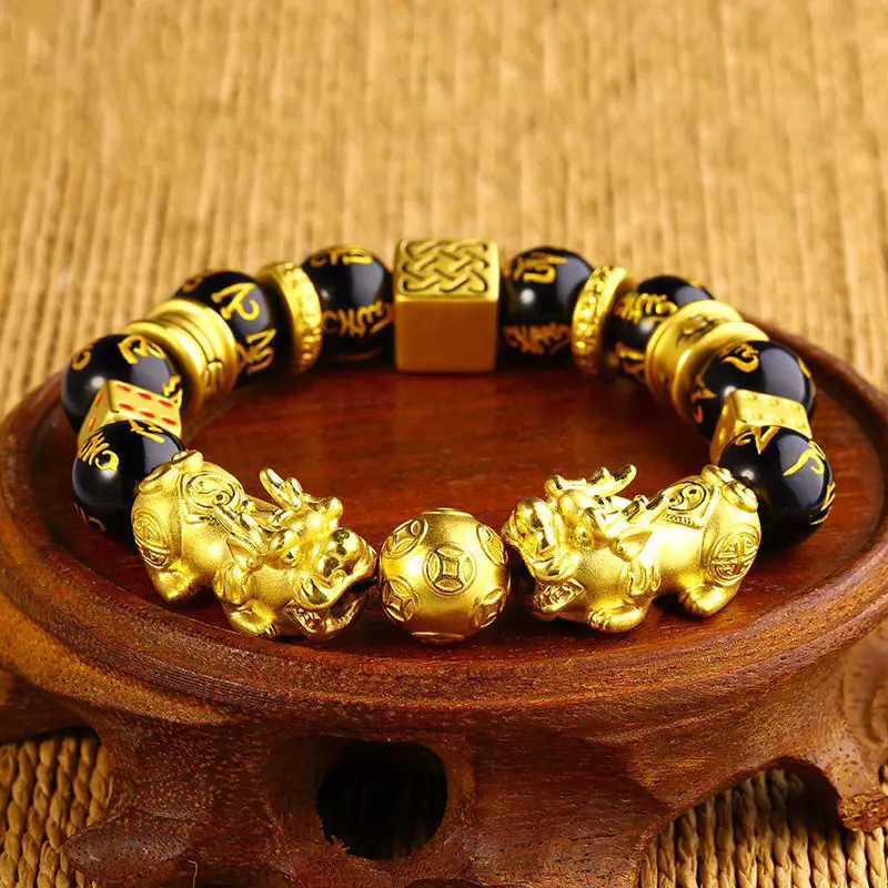 

Men gold plated stone bead braclets religious chakra buddha black obsidian feng shui pixiu bracelets tiger eye lucky opal man