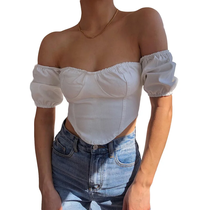 

Crop Top White One-Word Collar Off-Shoulder Slim Fit Backless T-Shirt Short Exposed Navel Women Tops Summer Vacation Beach