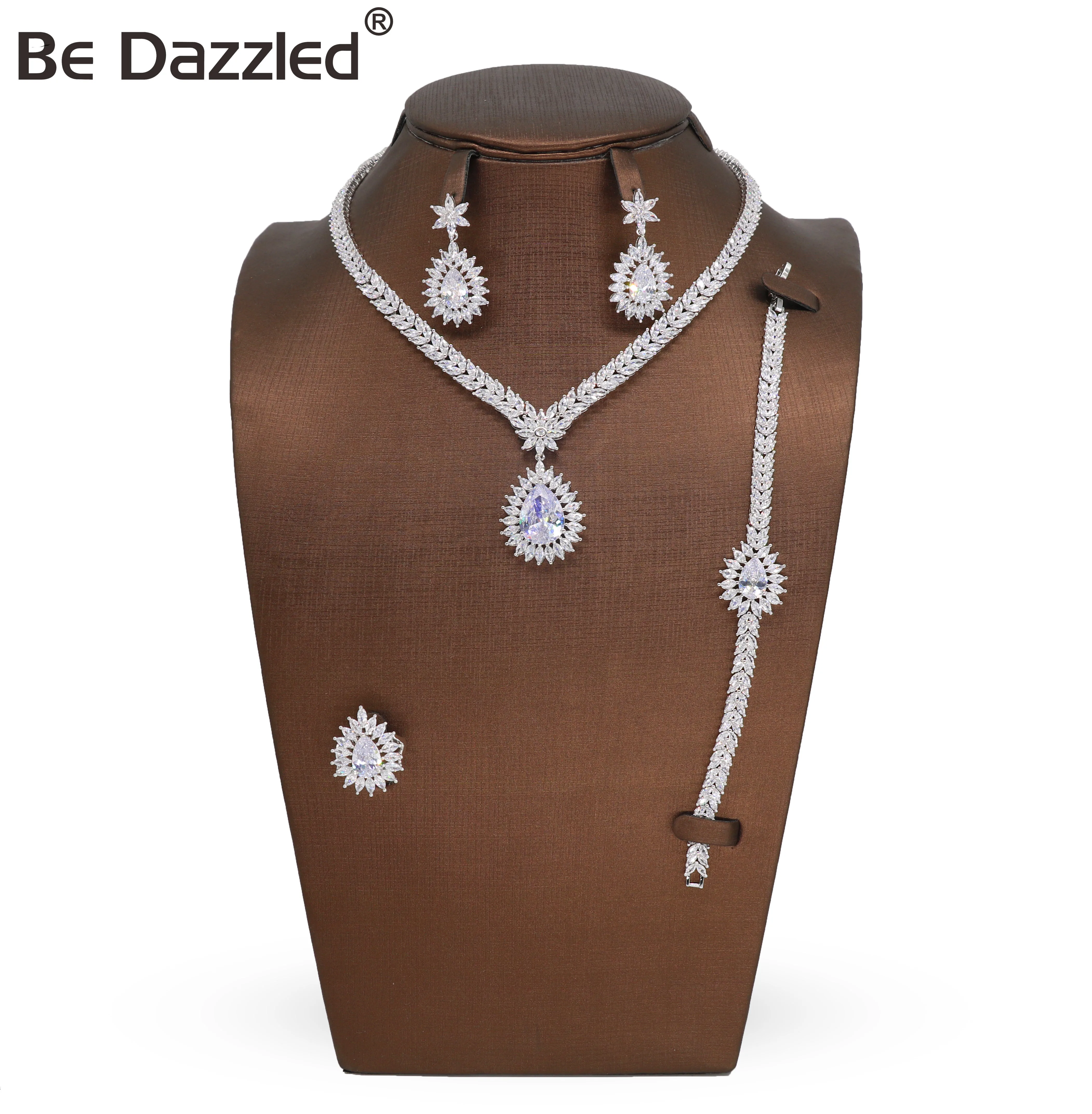 

Bedazzled Jewelry Hot Sale Copper Rhodium Plated White Horse Eye Stone Women 4 Pieces Earring Jewelry Sets Necklace