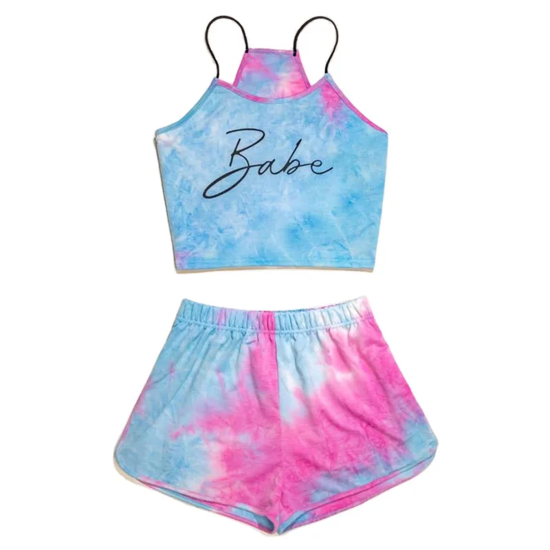 

Hot Sale Babe Printed Tie Dye Short Pants Two Piece Set Sexy Sling Pajamas Sleepwear Set For Women, 5 colors