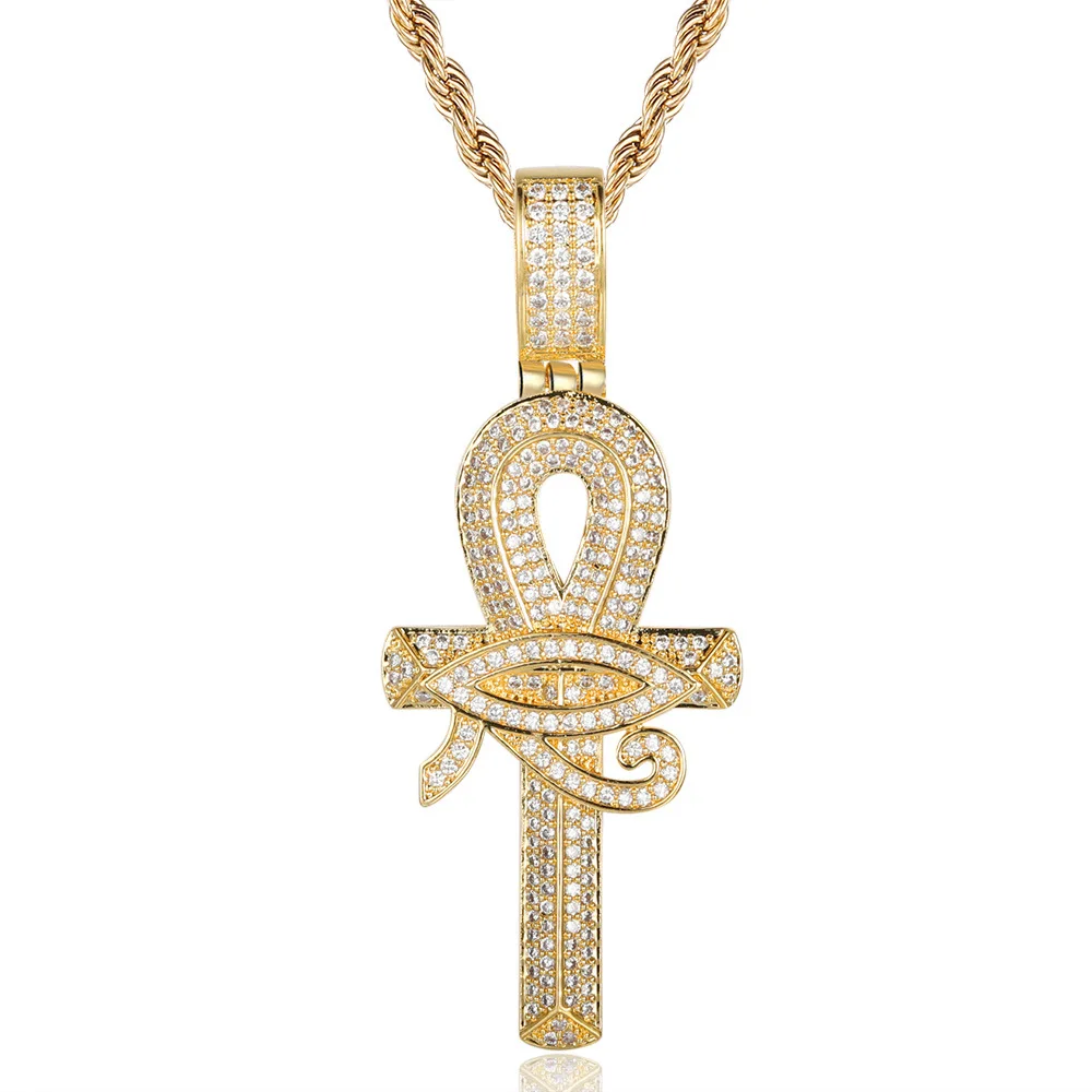 

ANKH Fashion Hiphop Jewelry Gold Rope Chain CZ Iced Out Initial Charms Zircon Big Pendant Cross Necklace